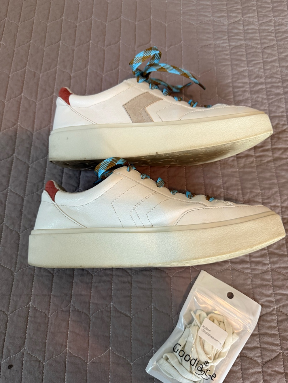 Dr. Scholl's White Sneakers with Blue and Brown Laces and Red Heel - Picture 7 of 12